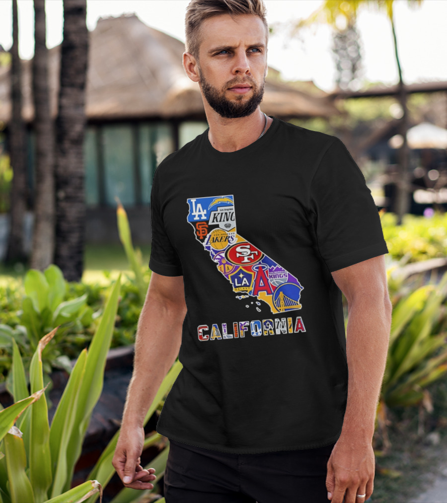 California Map Collage With 49ers Lakers Kings Giants Angels Dodgers Logos 2026 T-Shirt