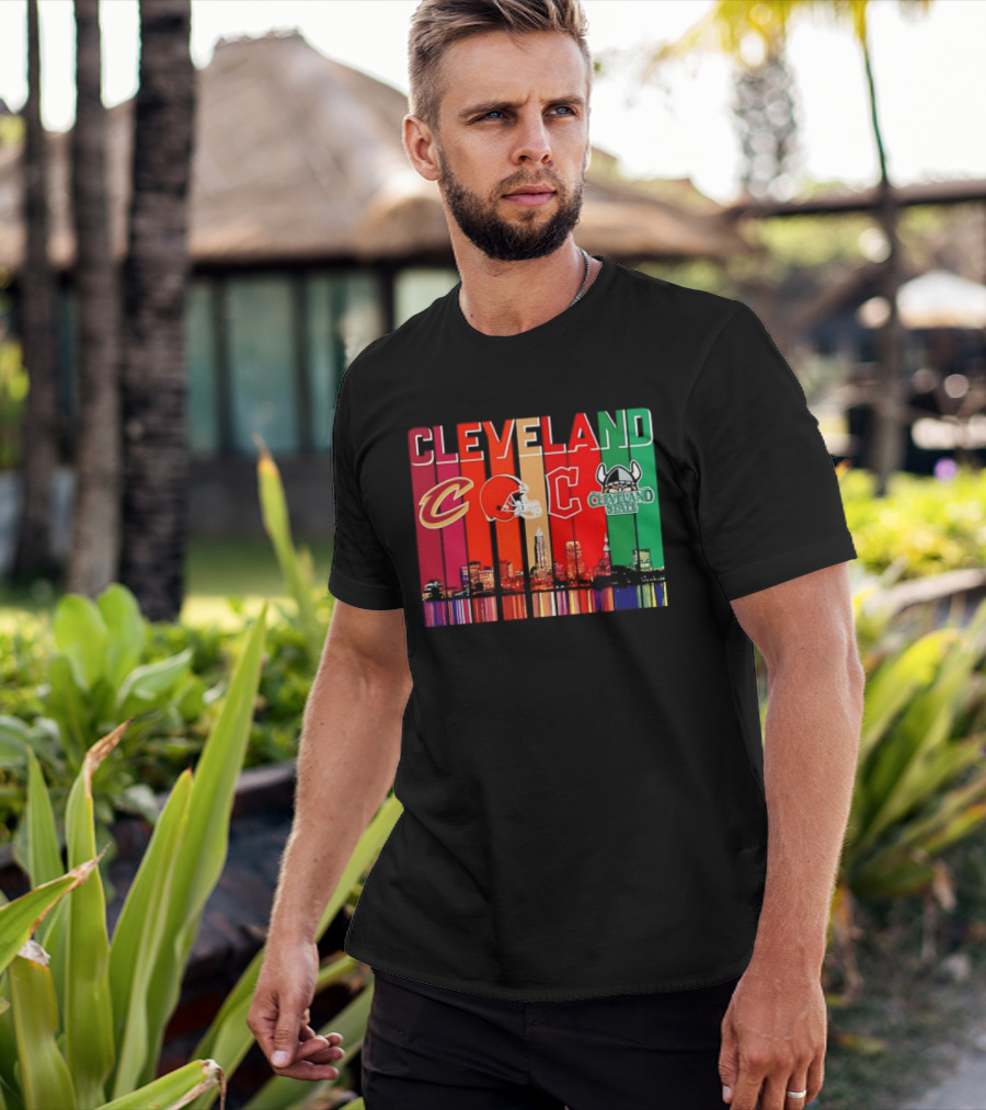 Cleveland Cavaliers Browns Guardians Cleveland State Vikings City Skyline T-Shirt