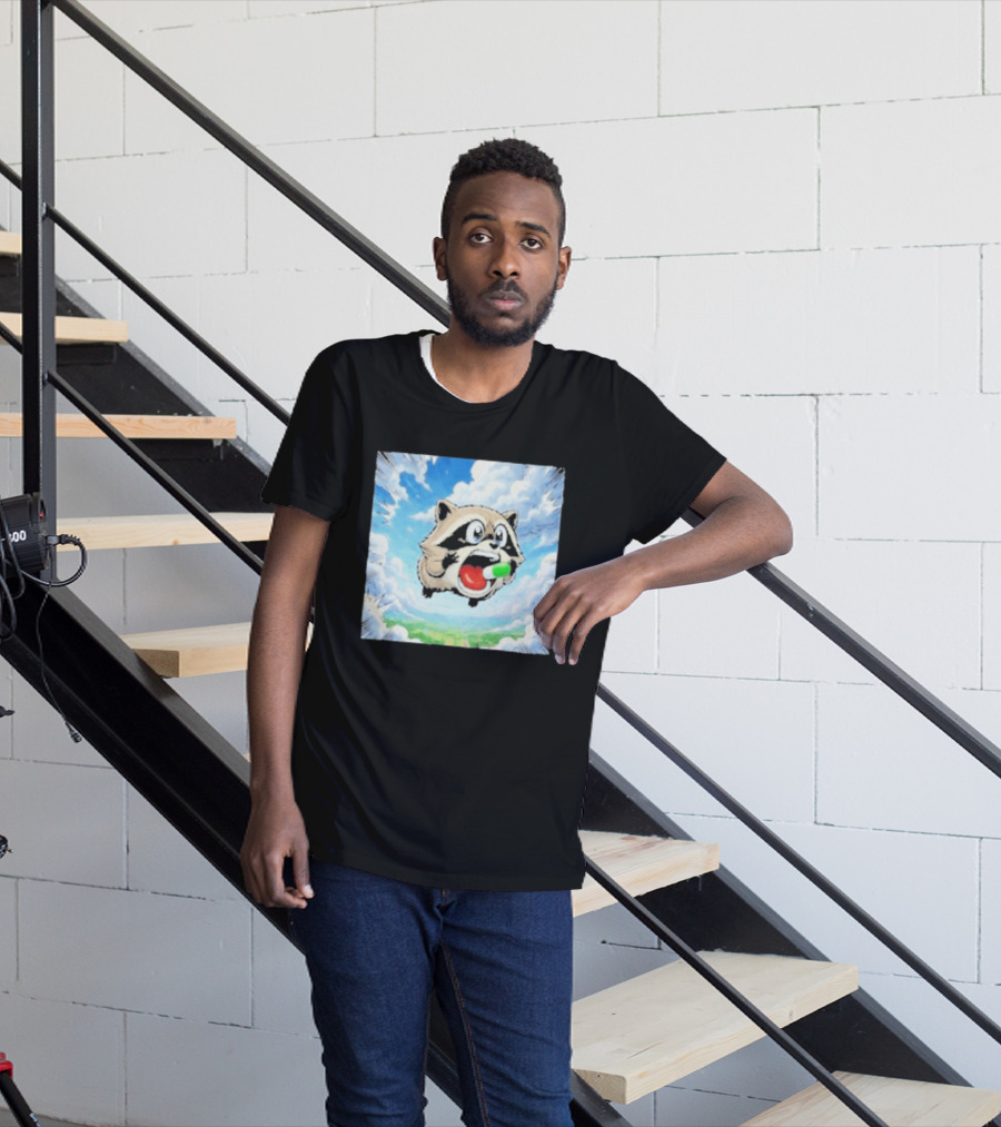 Jimothy Raccoon Cartoon Sky Dive With Colorful Capsule T-Shirt