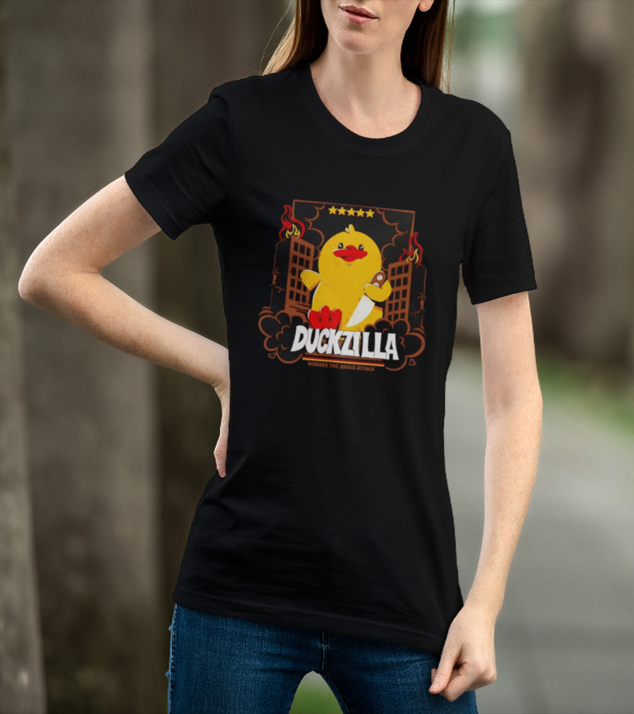 Duckzilla Beware The Quack Attack Knife Wielding Giant Duck With Burning Buildings T-Shirt