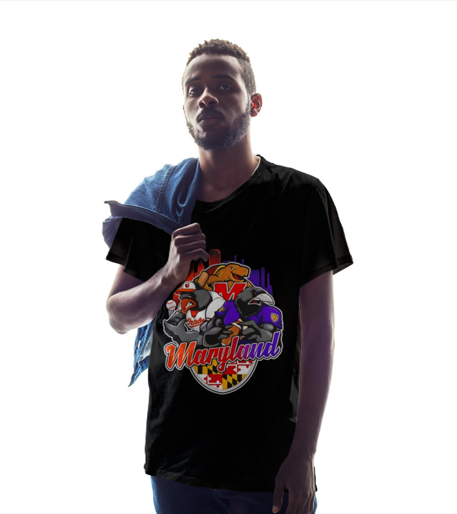 Maryland Orioles Ravens Terrapins Skyline Mashup With Flag T-Shirt
