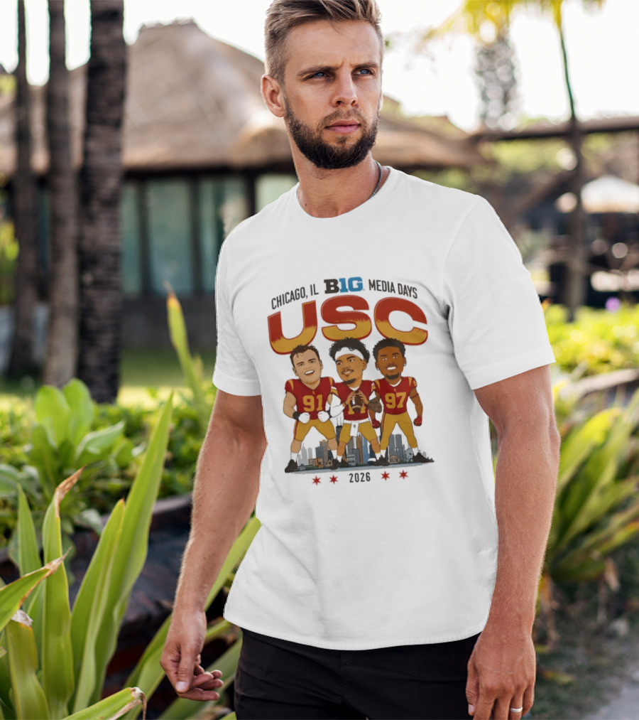 USC Trojans Big Ten Media Days 2026 Chicago Skyline Caricature Jayden Maiava Alex VanSumeren Jide Abasiri T-Shirt