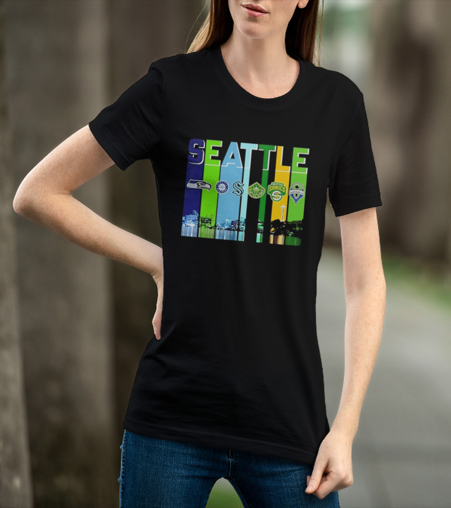 Seattle Seahawks Mariners Kraken Sonics Storm Sounders City Skyline T-Shirt
