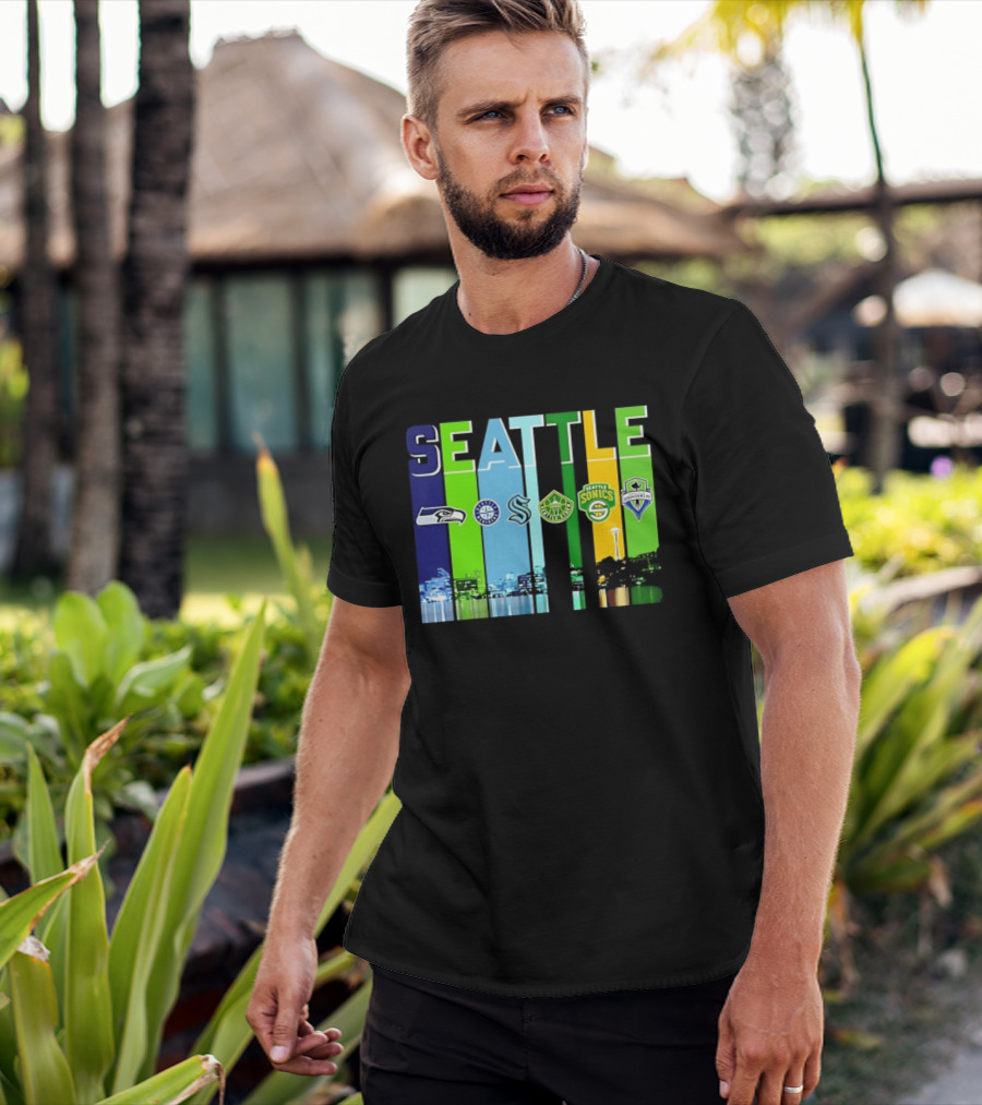 Seattle Seahawks Mariners Kraken Sonics Storm Sounders City Skyline T-Shirt