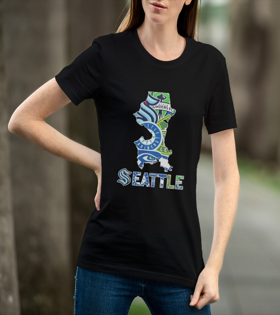 Seattle Kraken Mariners Seahawks Sounders FC Map Collage 2026 T-Shirt