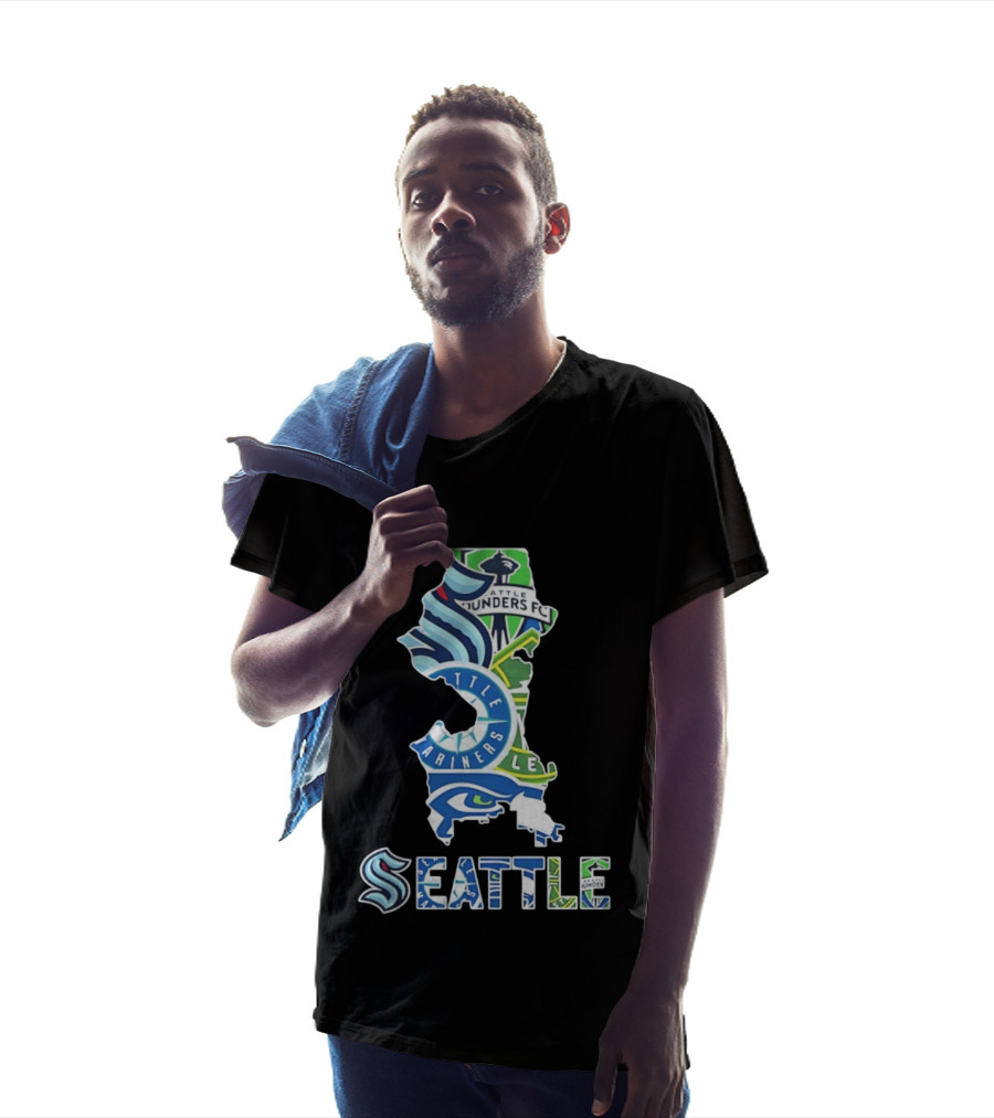 Seattle Kraken Mariners Seahawks Sounders FC Map Collage 2026 T-Shirt