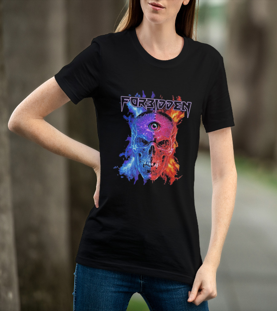 FORBIDDEN Skull Eye Flames Blue Red Fusion T-Shirt