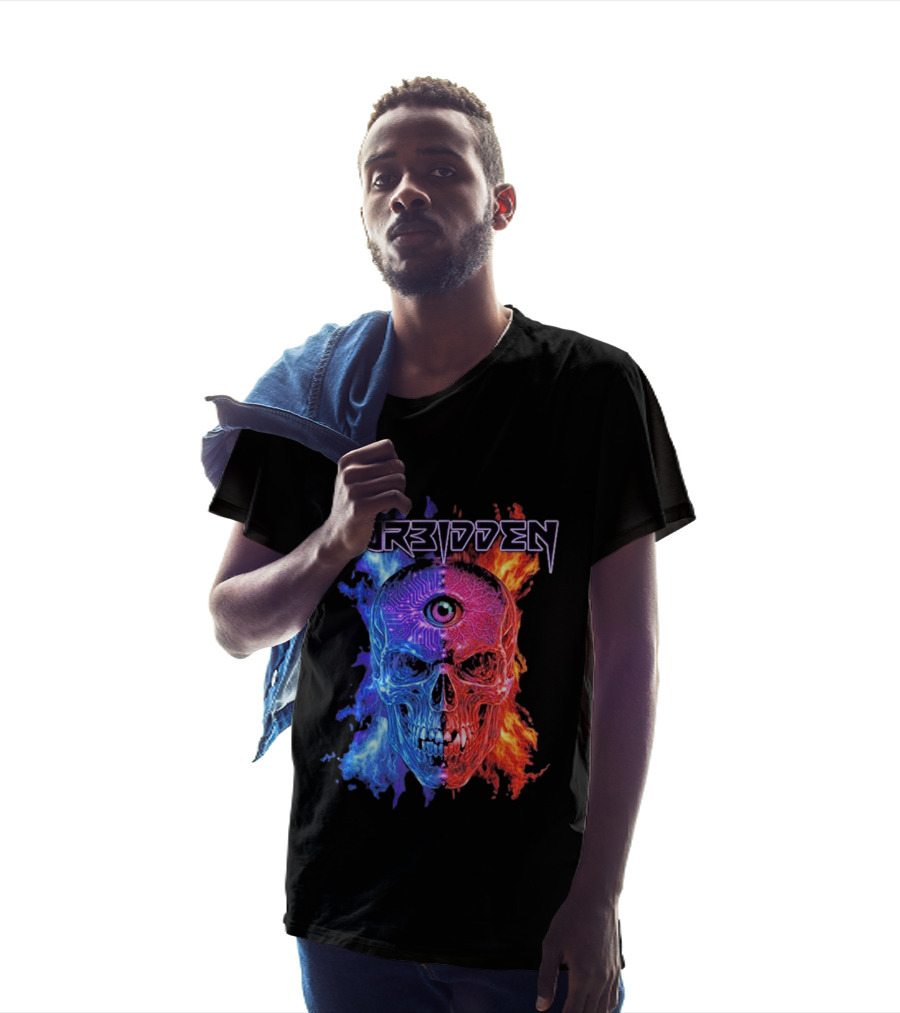 FORBIDDEN Skull Eye Flames Blue Red Fusion T-Shirt