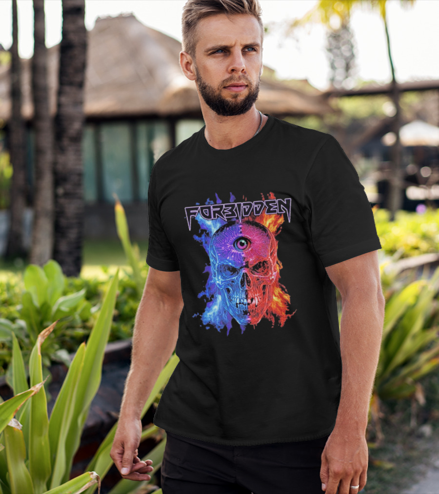 FORBIDDEN Skull Eye Flames Blue Red Fusion T-Shirt