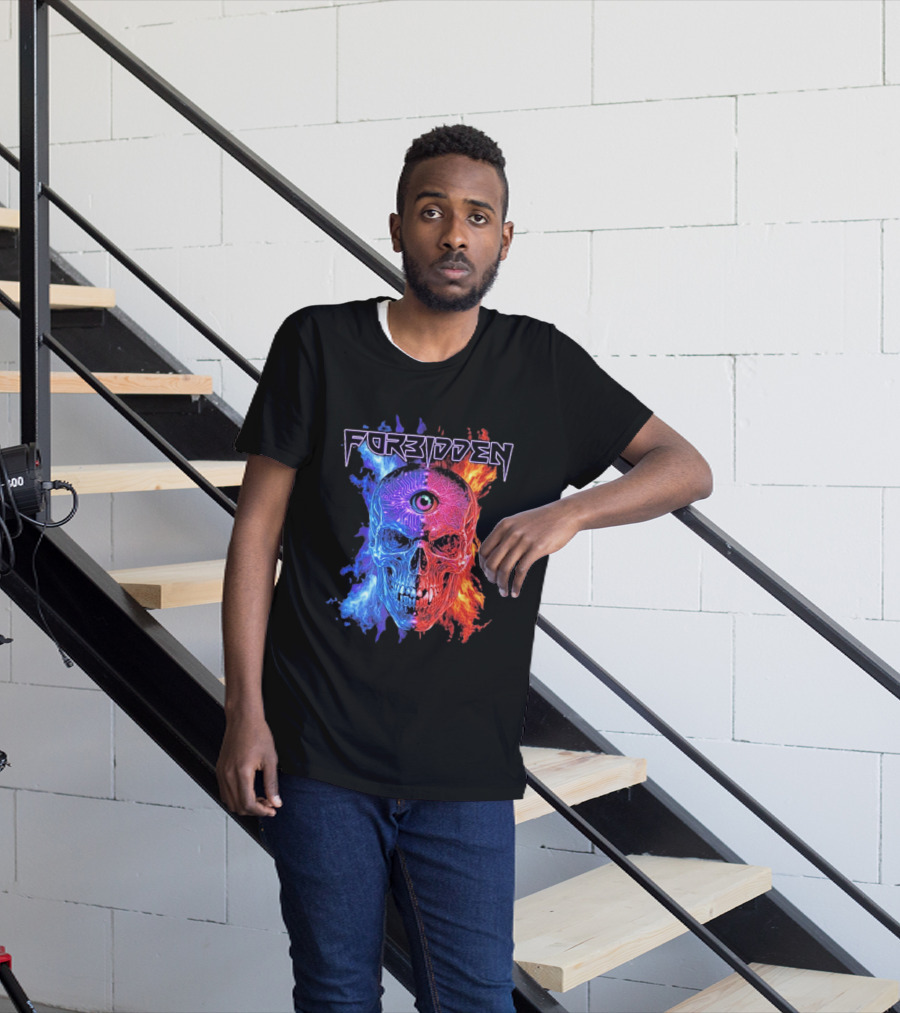 FORBIDDEN Skull Eye Flames Blue Red Fusion T-Shirt