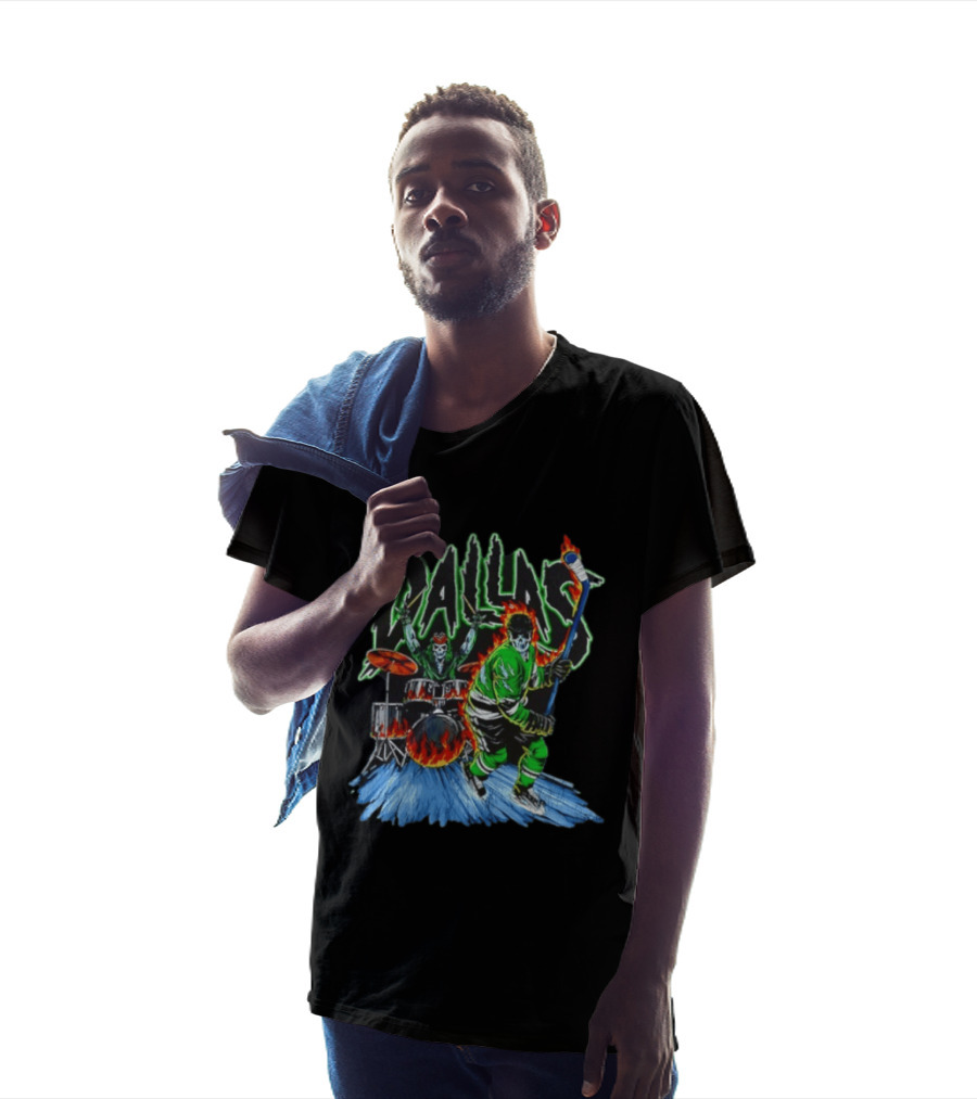 Dallas Stars Skeleton Hockey Fire With Drummer T-Shirt