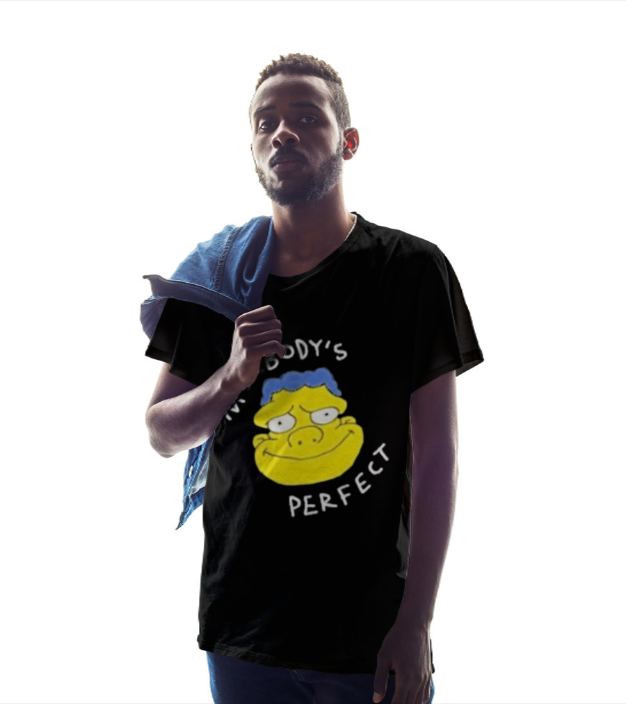 Moebody's Perfect Yellow Cartoon Face With Blue Hair Smirk T-Shirt