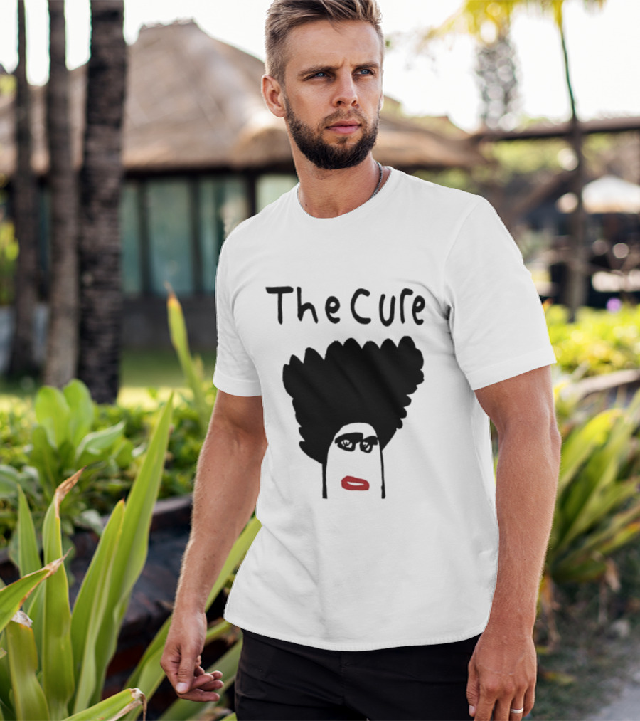 The Cure Hand Drawn Robert Smith Bold Hair Red Lips Black Glasses T-Shirt