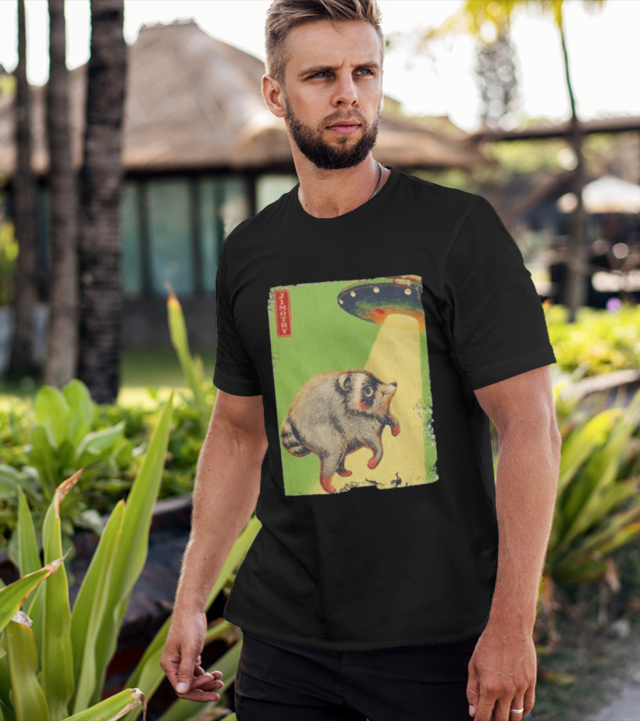 Jimothy Raccoon Abducted By UFO Alien Beam On Green T-Shirt