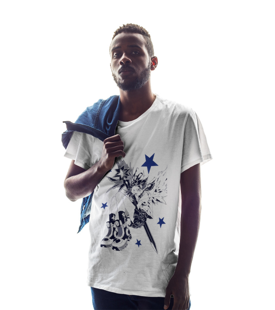 Arkestar Anime Girl Sword Wings Blue Stars T-Shirt