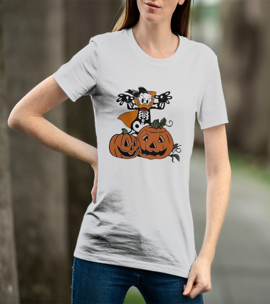Donald Duck Skeleton Costume With Pumpkins Disney Halloween T-Shirt