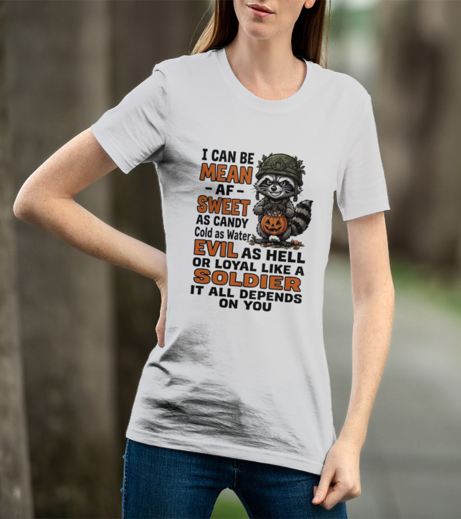 Raccoon I Can Be Mean AF Sweet As Candy Cold As Water Evil As Hell Or Loyal Like A Soldier It All Depends On You T-Shirt