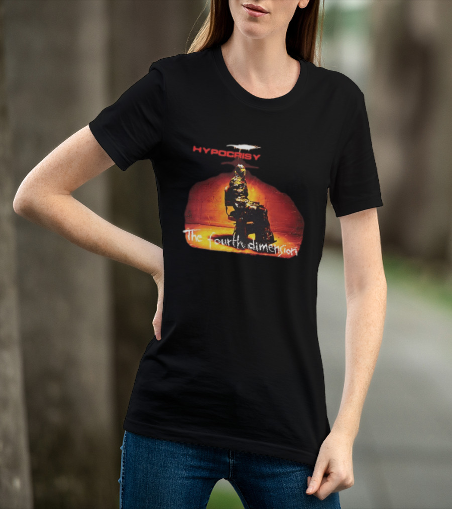 Hypocrisy The Fourth Dimension Red Text And Seated Figure T-Shirt