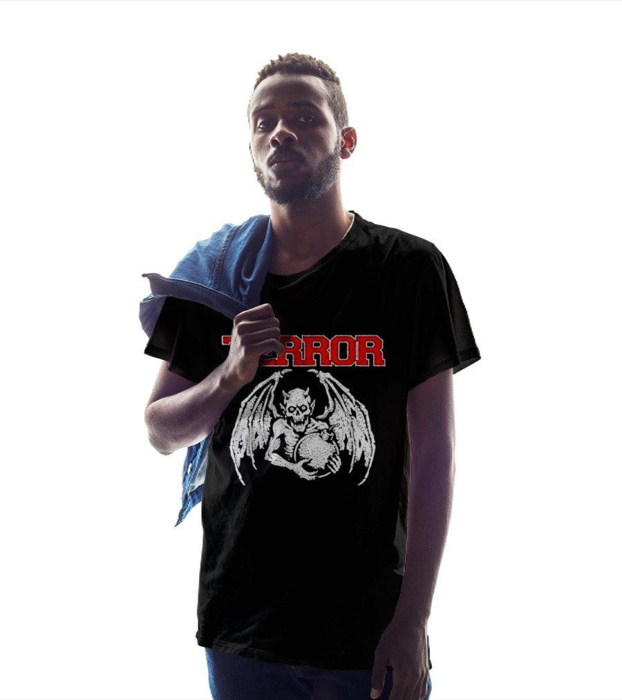 Terror Red Lettering Demon With Wings Holding Bomb T-Shirt