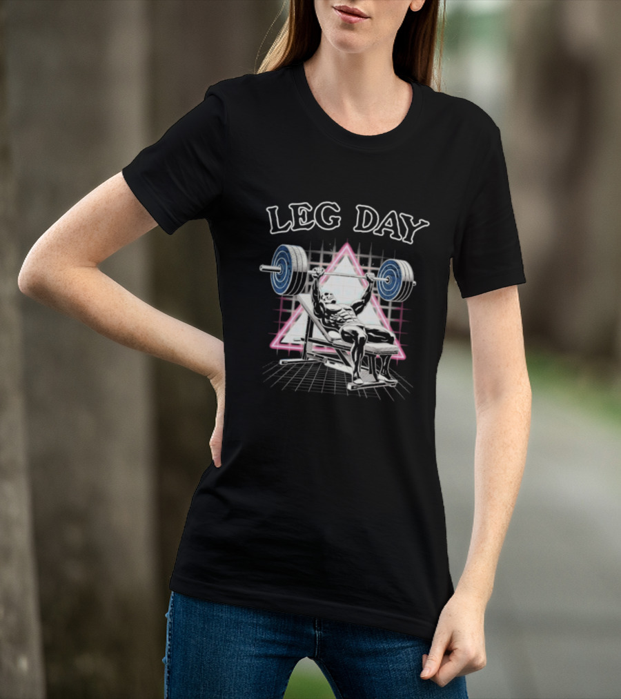 Leg Day Skeleton Weightlifting Gym Bodybuilding 80s Aesthetic Neon Triangle T-Shirt