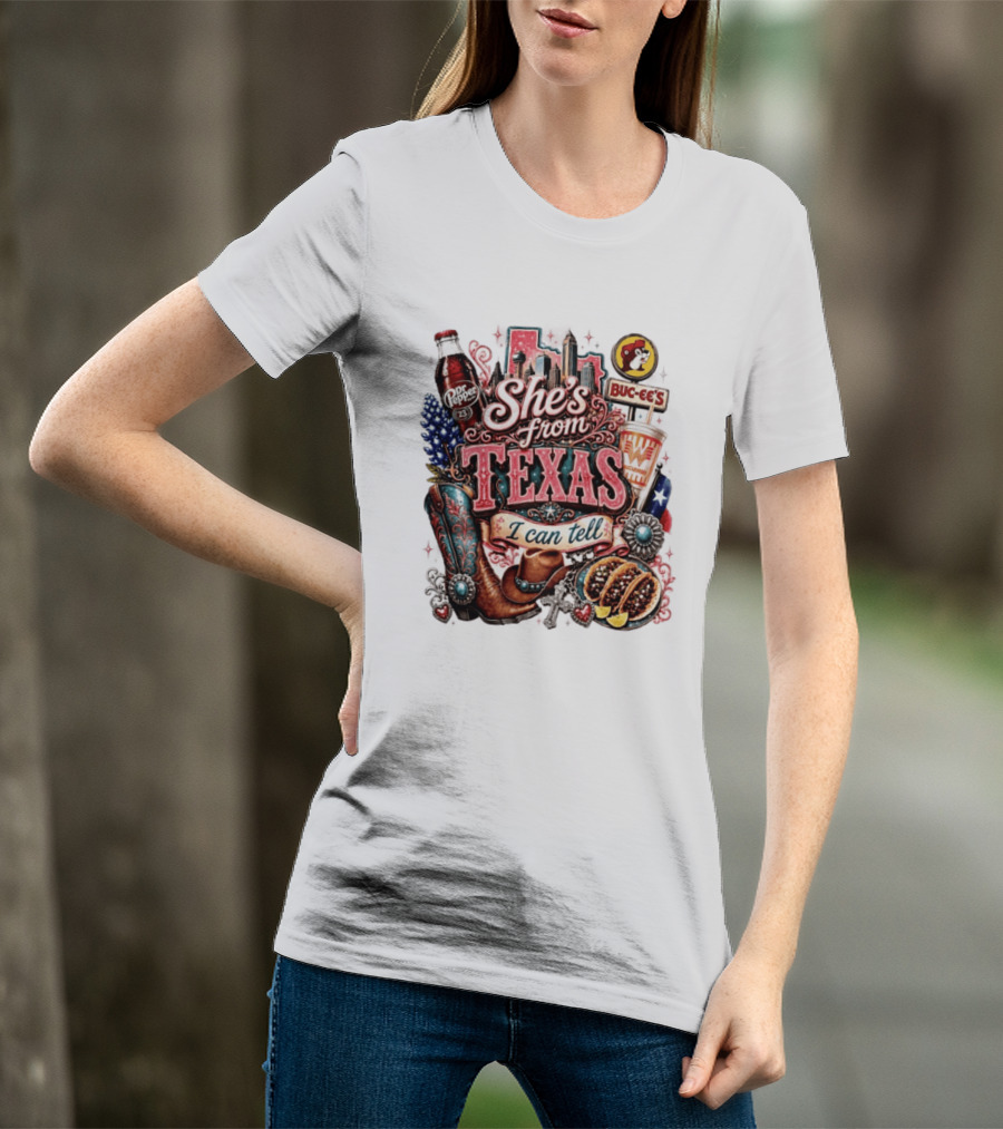 She's From Texas I Can Tell Dr Pepper Buc Ee's Whataburger Cowboys And Tacos T-Shirt