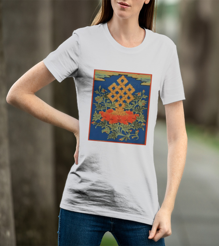 Srivatsa Endless Knot Floral Design Buddhist Symbol With Blossoms T-Shirt
