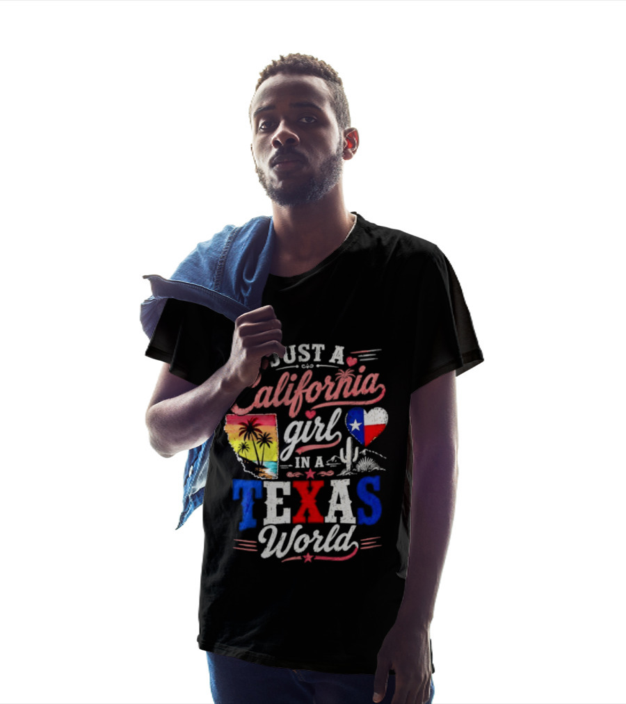 Just A California Girl In A Texas World With State Icons And Heart T-Shirt