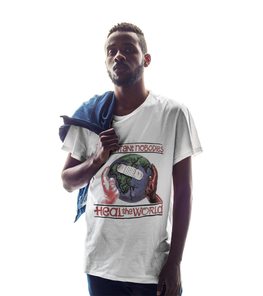 Important Nobodies Heal The World Earth Artwork Patch Band Aid Hands T-Shirt
