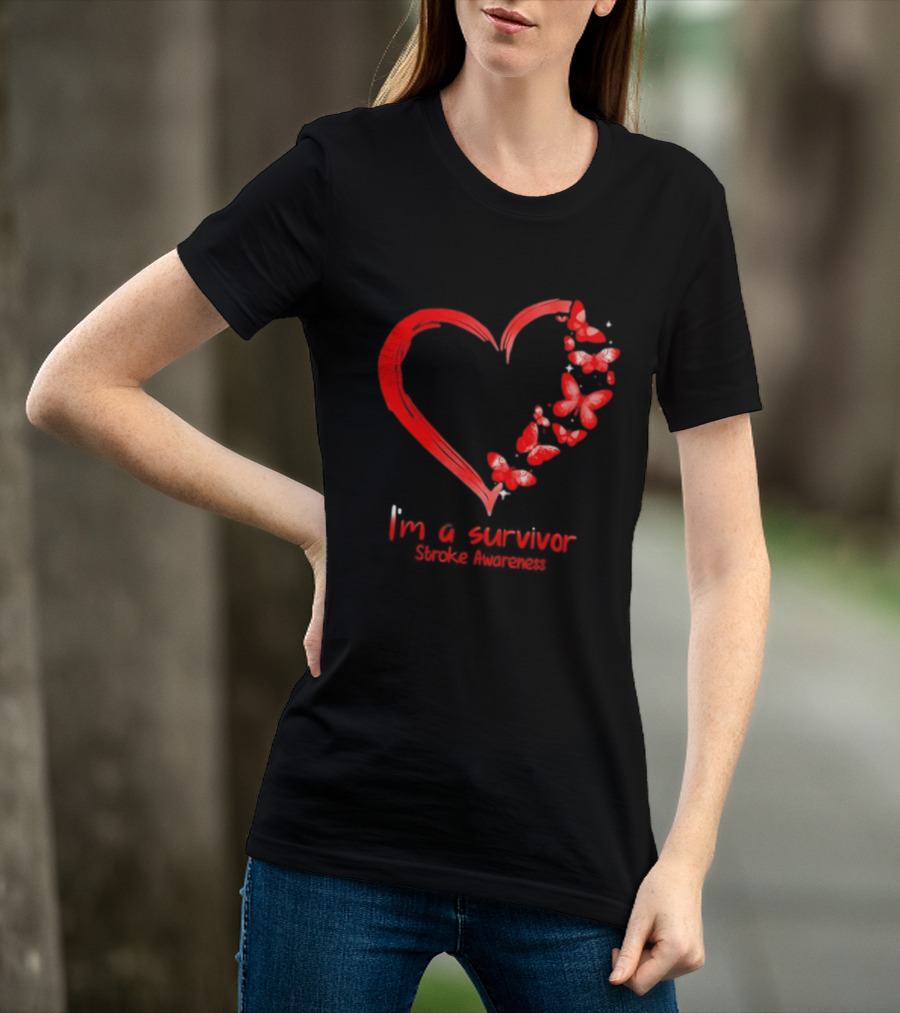 I'm A Survivor Stroke Awareness Heart And Red Butterflies T-Shirt