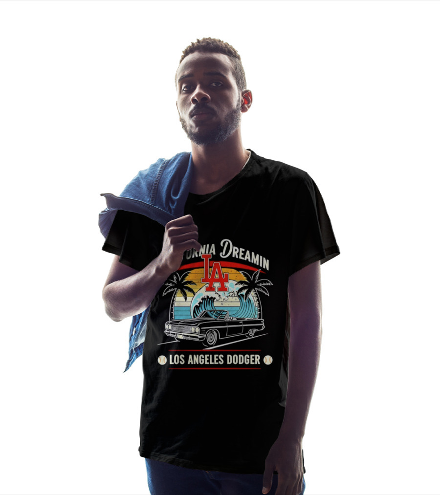 California Dreamin LA Los Angeles Dodger Vintage Car Surf Palms Sunset Waves T-Shirt