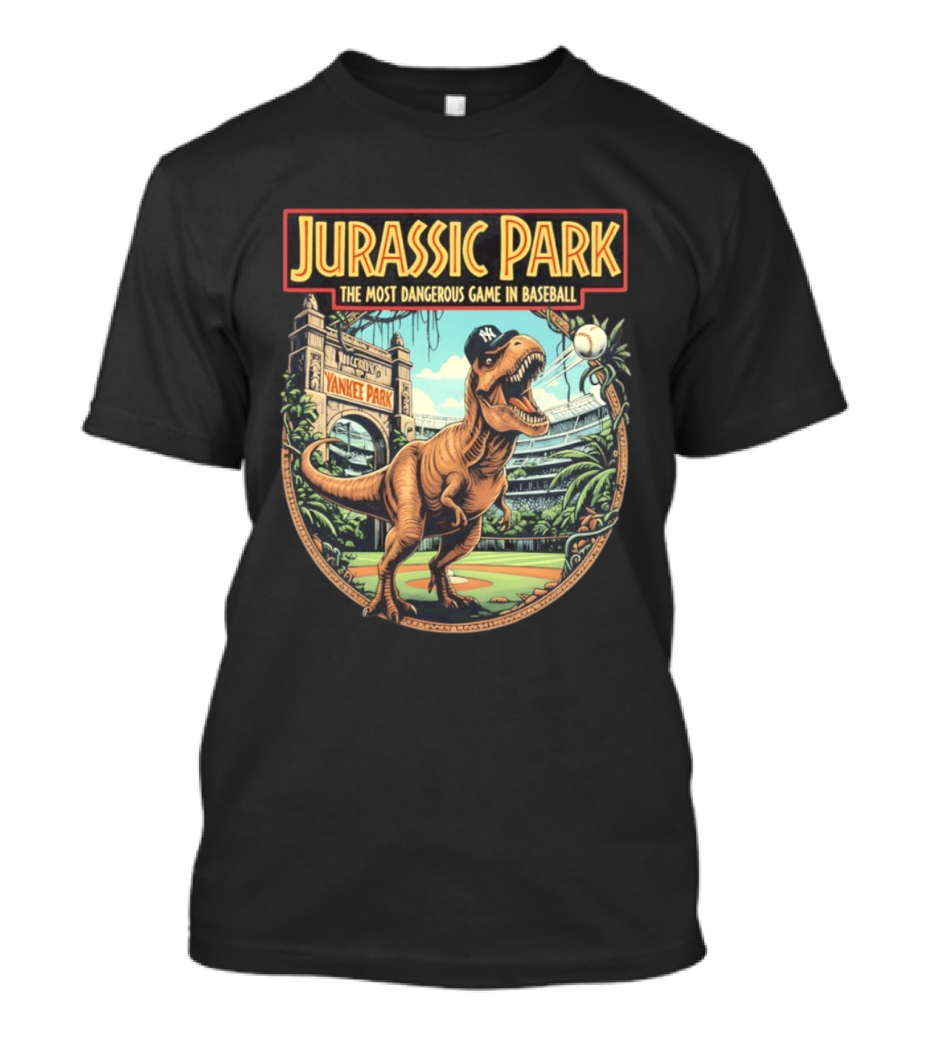 Jurassic Park The Most Dangerous Game In Baseball Yankee Park Rex Stadium Adventure T-Shirt