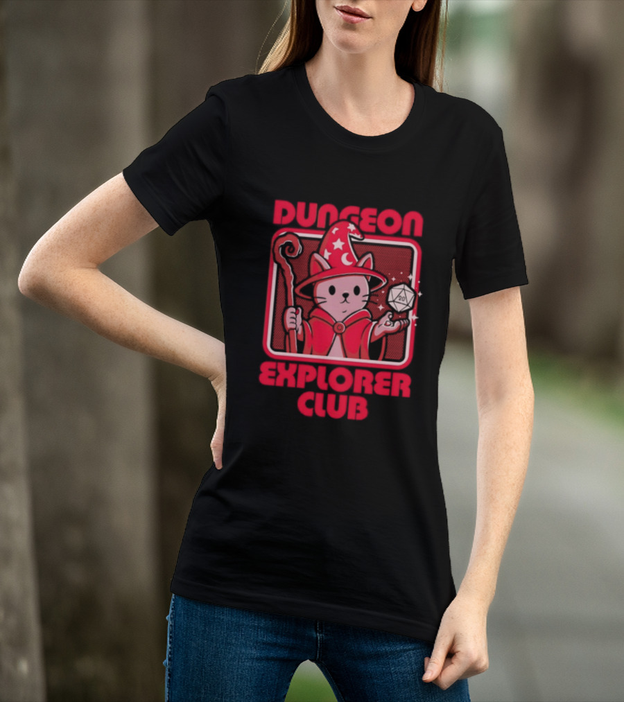 Dungeon Explorer Club Wizard Cat With D20 Dice Magic Wand T-Shirt