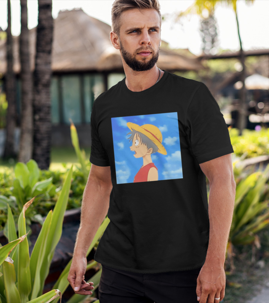 Monkey D Luffy Sky Gazing Red Vest Yellow Straw Hat Anime Scene Clouds Blue Sky T-Shirt