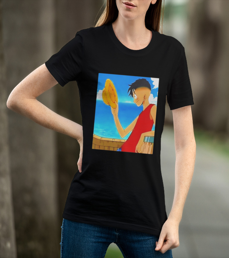 One Piece Luffy Taper Fade Anime Manga Straw Hat Ocean Scene T-Shirt