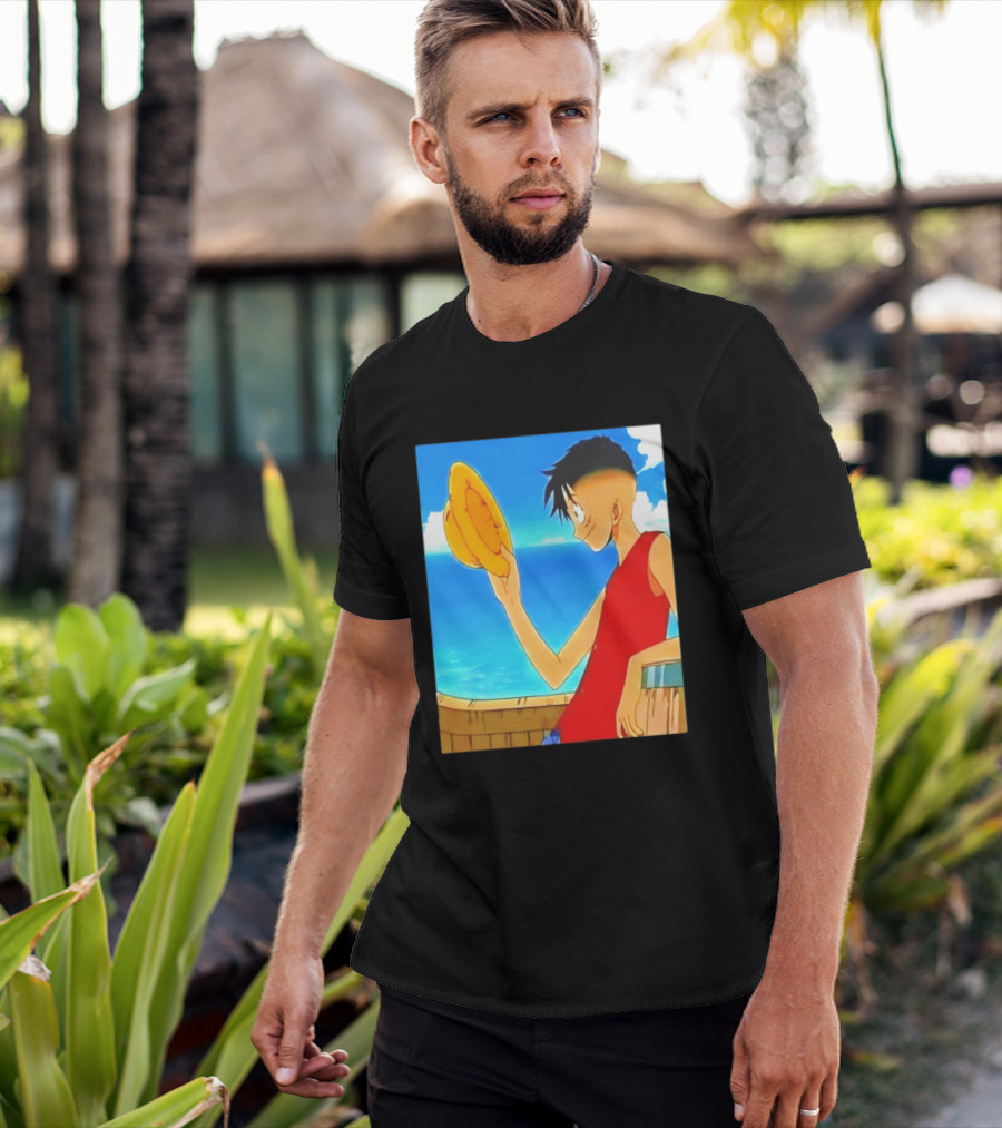 One Piece Luffy Taper Fade Anime Manga Straw Hat Ocean Scene T-Shirt