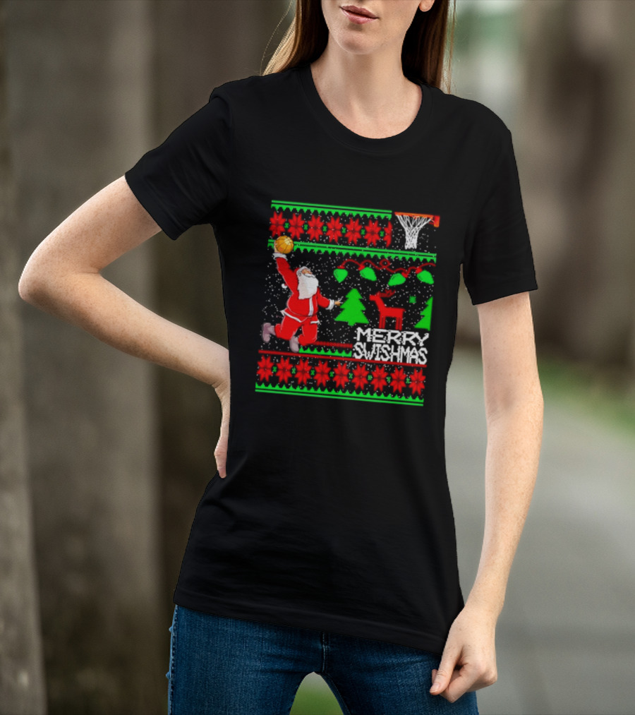 Santa Claus Dunking Basketball Ugly Christmas Sweater Merry Swishmas T-Shirt
