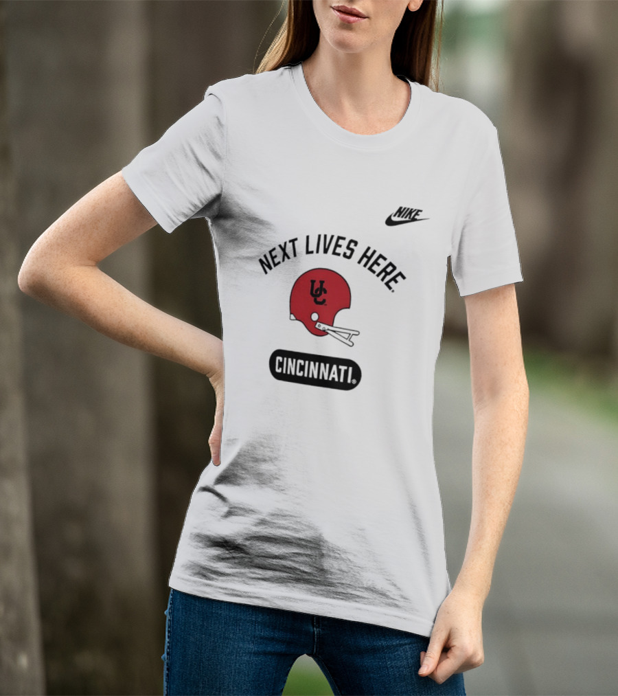Next Lives Here Cincinnati UC Football Helmet Nike T-Shirt