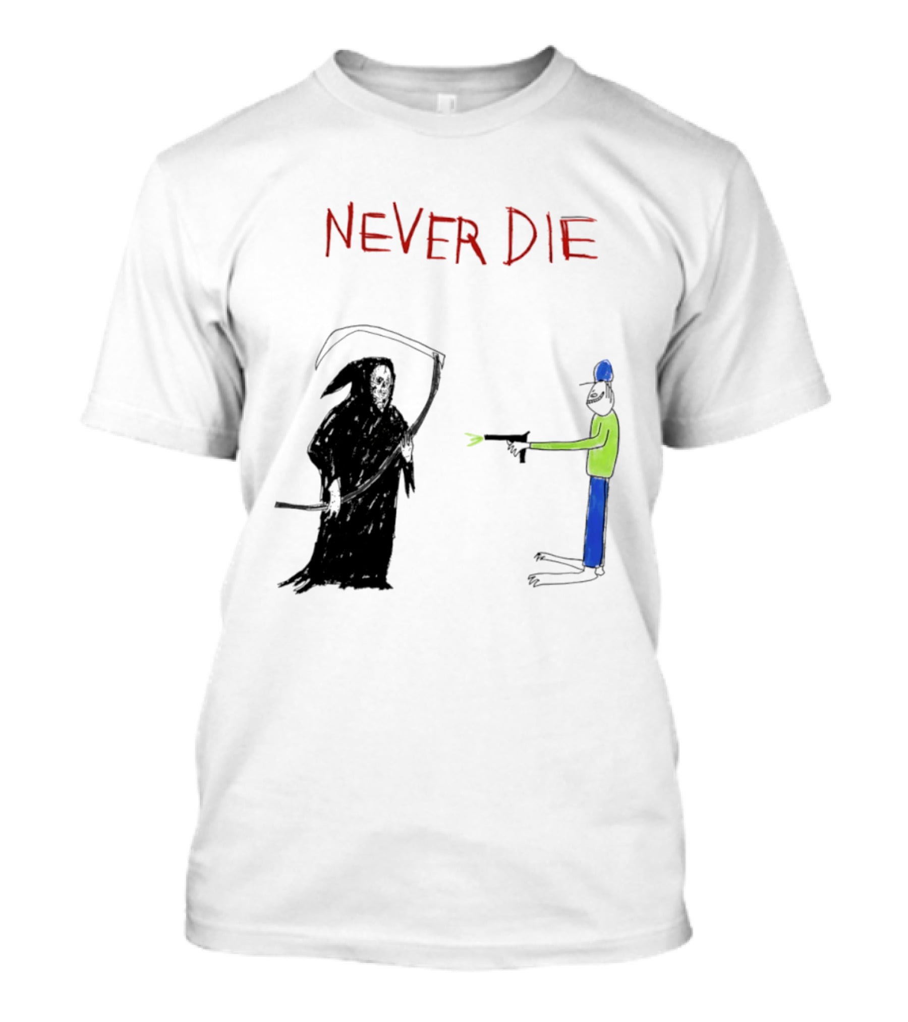Never Die Grim Reaper Confronts Armed Man Drawing T-Shirt