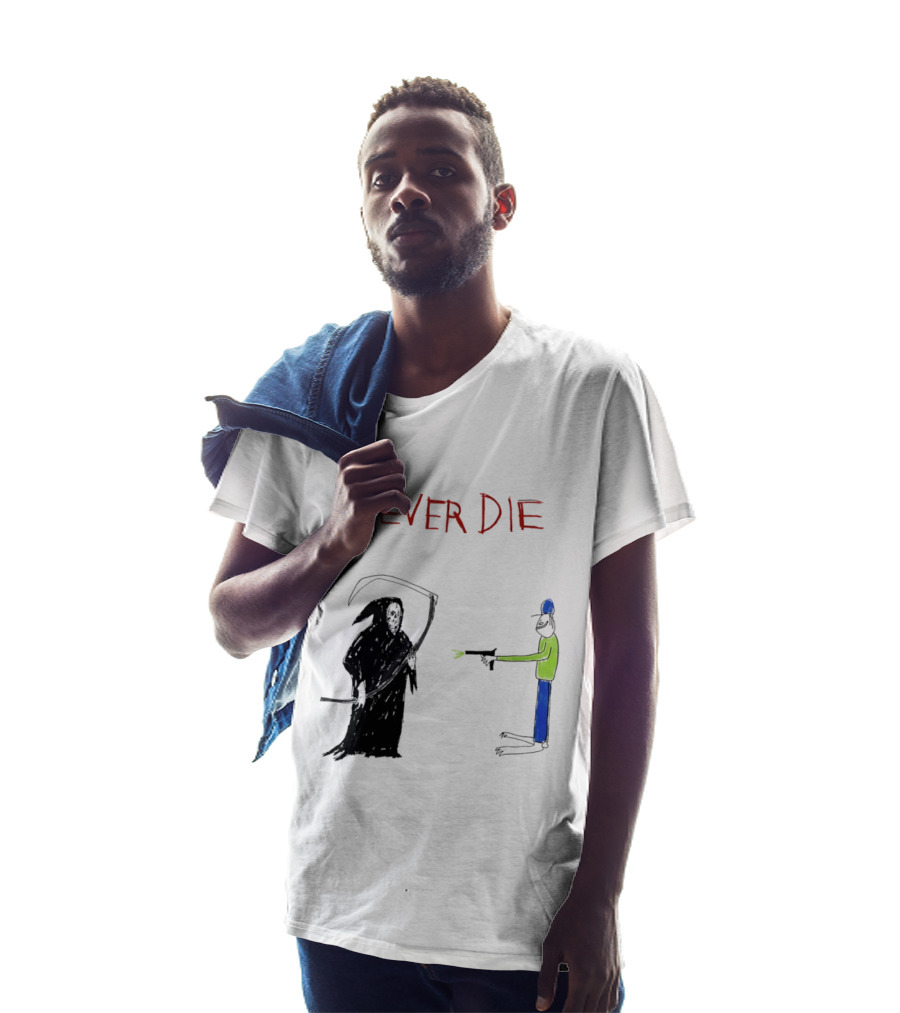 Never Die Grim Reaper Confronts Armed Man Drawing T-Shirt