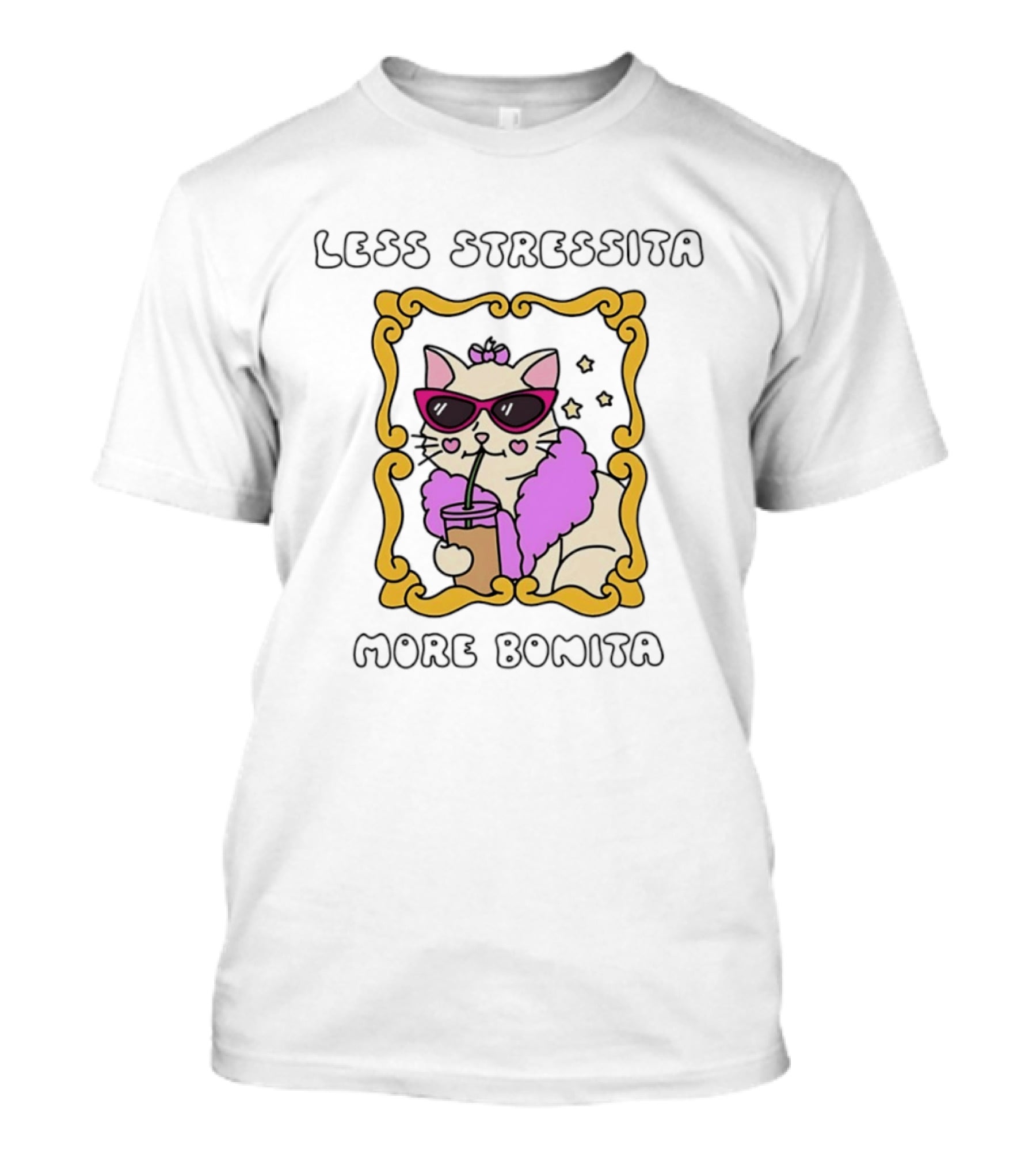 Less Stressita More Bonita Cat With Sunglasses And Drink Framed In Yellow Border T-Shirt