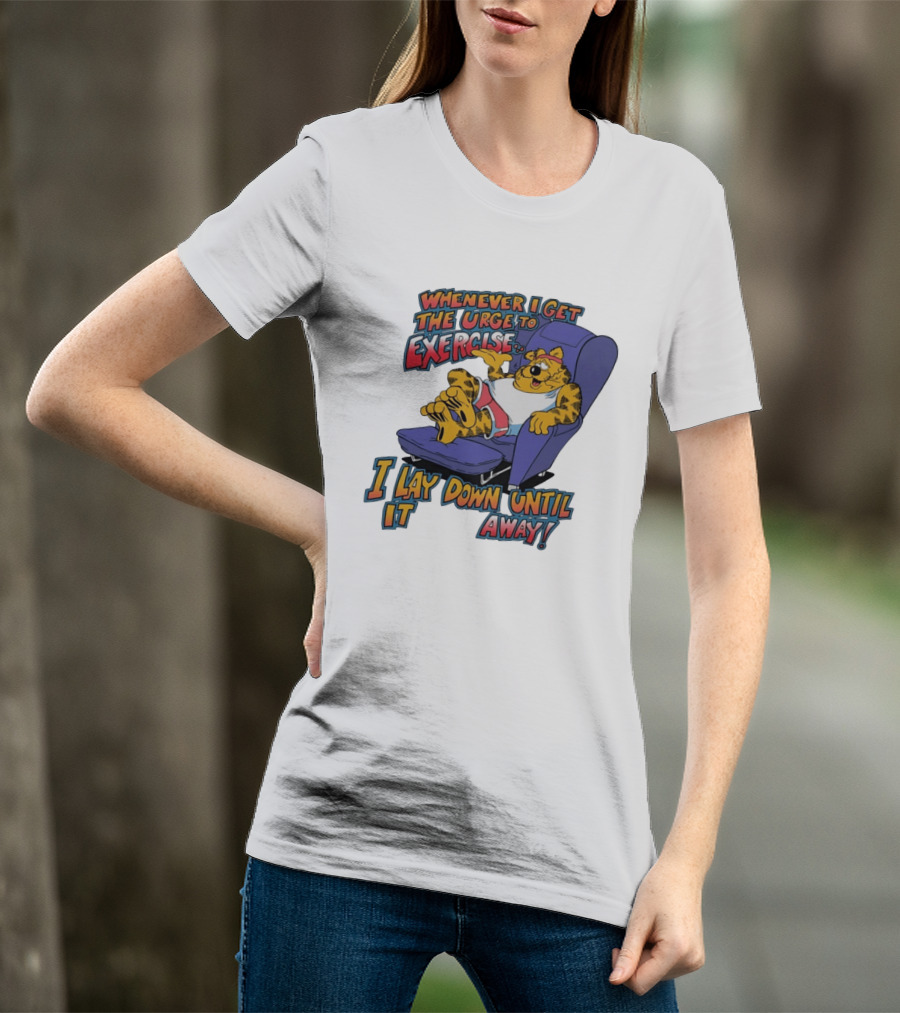 Whenever I Get The Urge To Exercise Cartoon Cat Lounging Until It Goes Away T-Shirt