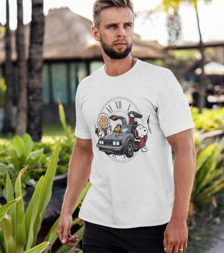Peanuts Characters With DeLorean Time Machine And T-Shirt