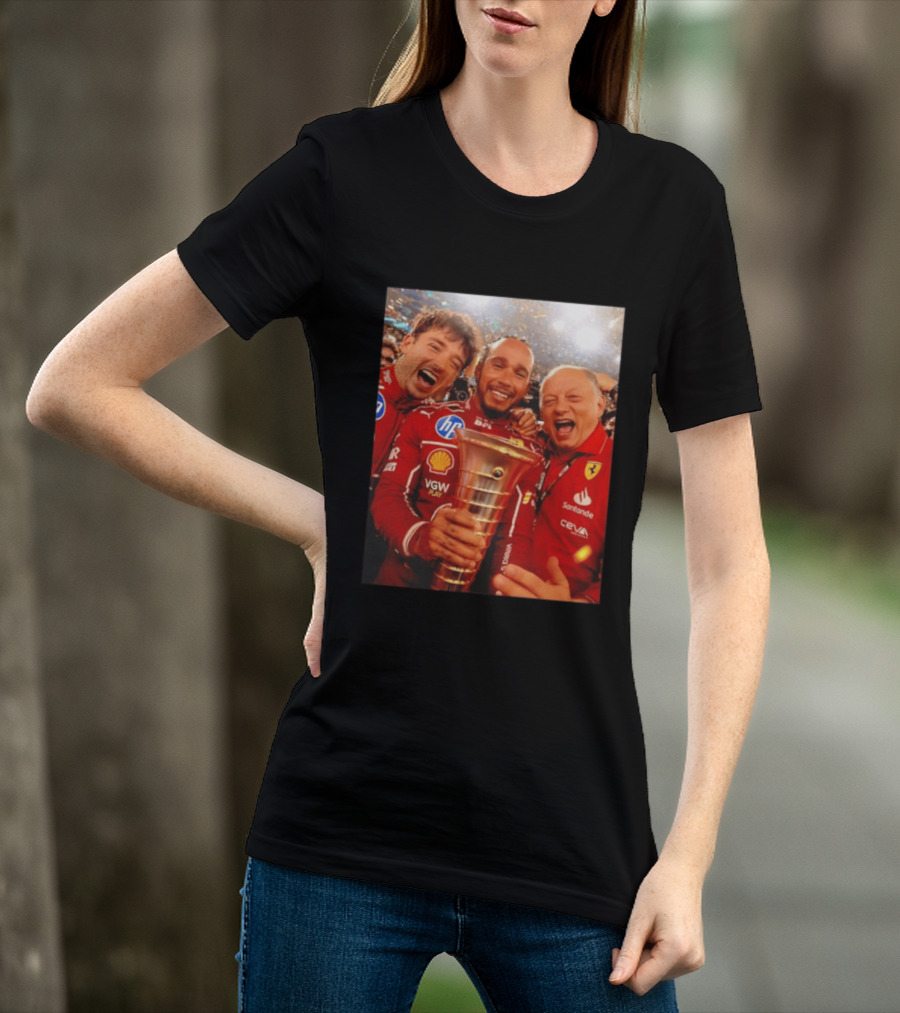 Charles Leclerc Lewis Hamilton Frederic Vasseur Ferrari Victory Celebration Trophy BP Shell Santander CEVA Racing T-Shirt