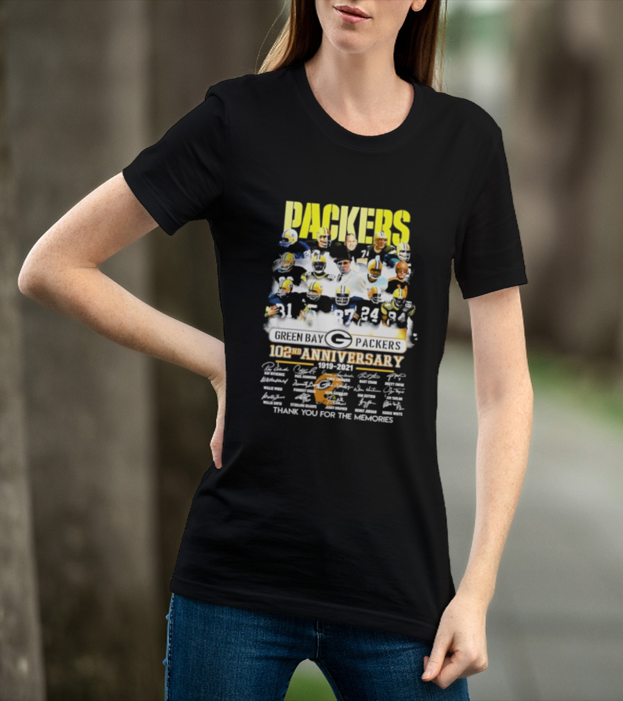 Green Bay Packers 102nd Anniversary 1919 2021 Thank You For The Memories Packers Legends Signatures Collection T-Shirt