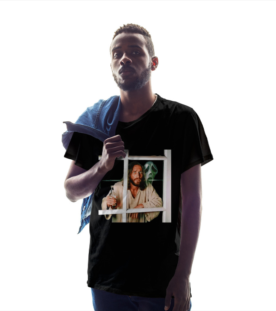 Jesus Drinking Whiskey With Ghostface Killer Behind Window T-Shirt