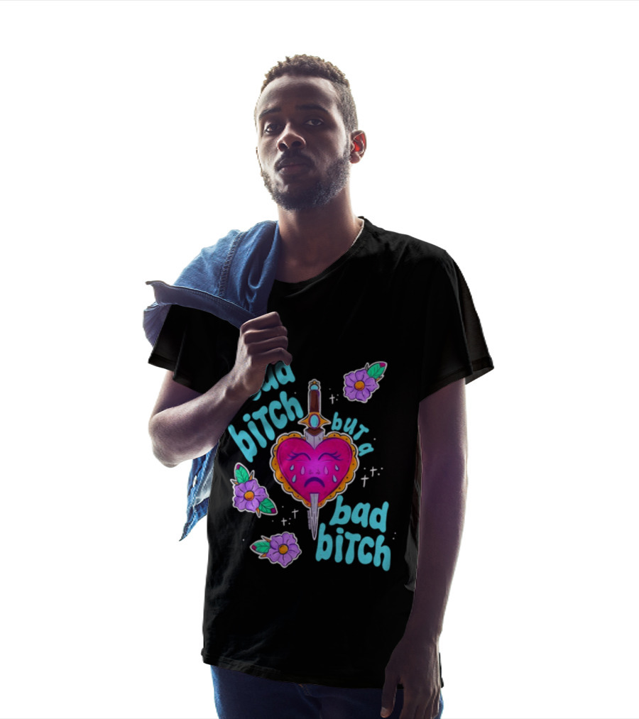 Sad Bitch But A Bad Bitch Dagger Heart With Purple Flowers And Teal T-Shirt