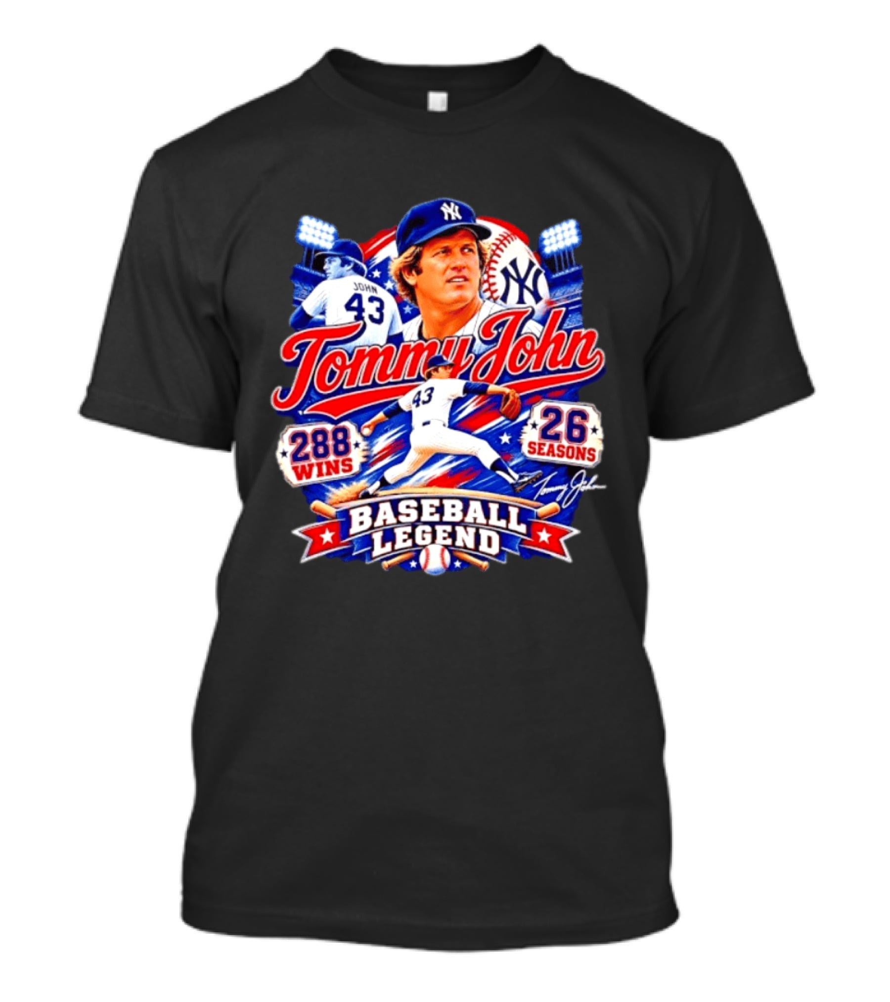 Tommy John 43 NY Yankees Baseball Legend 288 Wins 26 Seasons T-Shirt