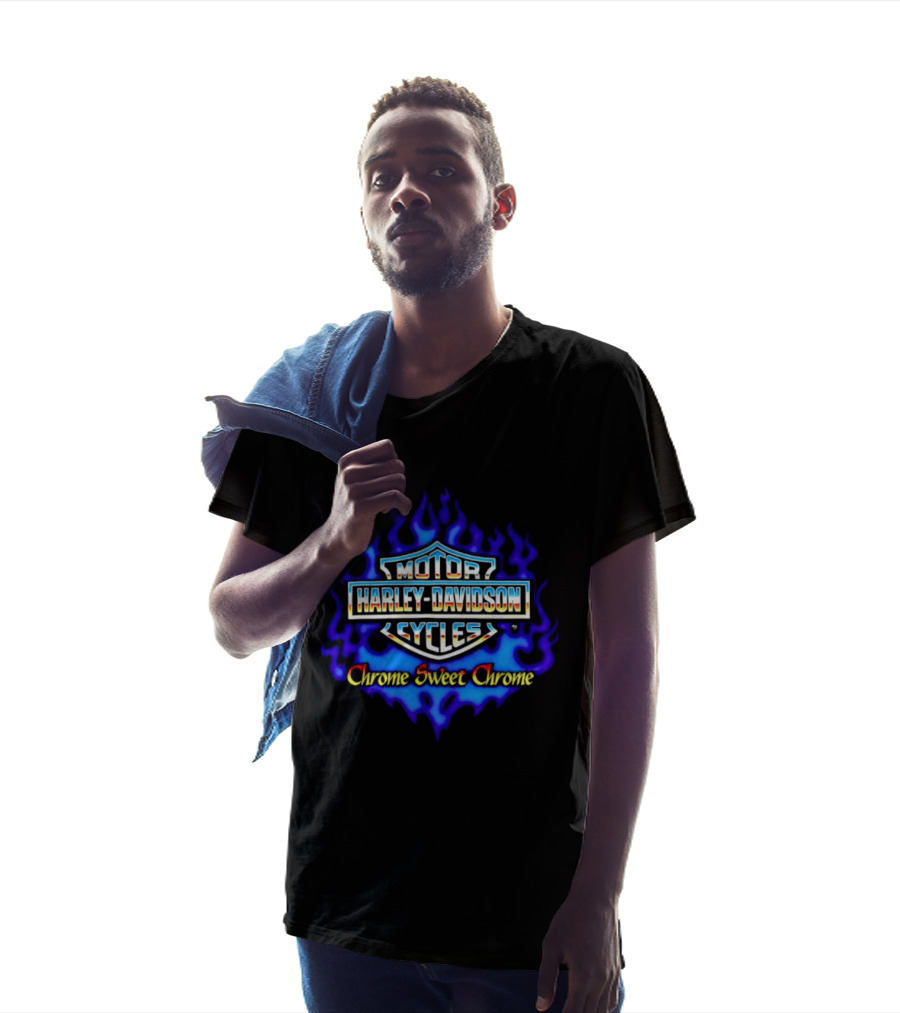 Harley Davidson Motor Cycles Chrome Sweet Chrome Blue Flames T-Shirt