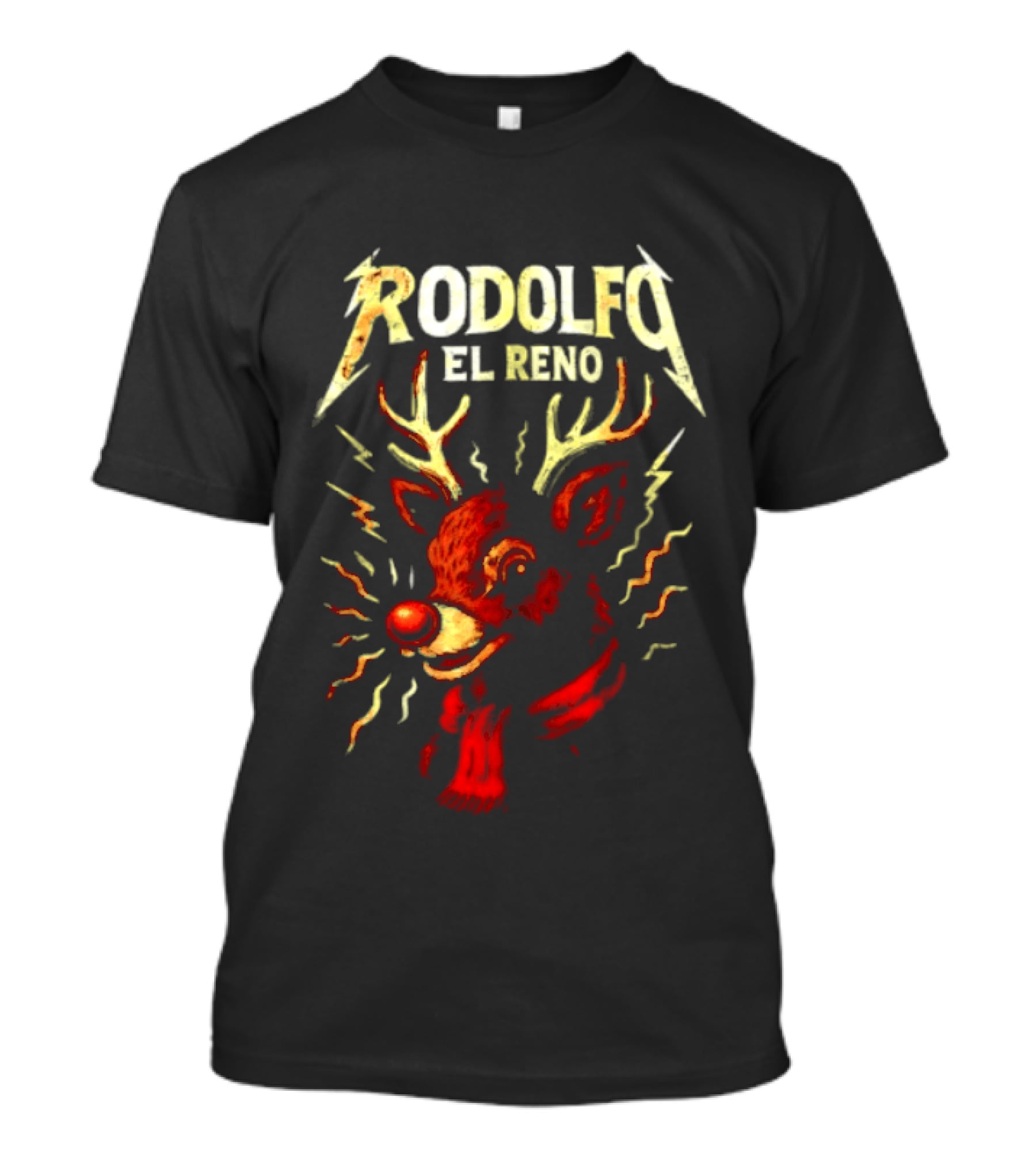Rodolfo El Reno Heavy Metal Reindeer Christmas Lightning Antlers T-Shirt
