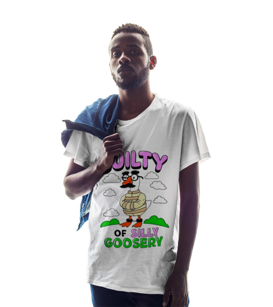 Guilty Of Silly Goosery Cartoon Goose In Striped Suit T-Shirt